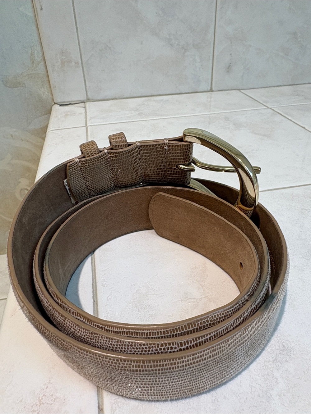 Ann Taylor Taupe Textured Leather Belt with Gold Buckle - Picture 4 of 10